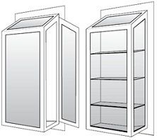 A wall-mounted display cabinet with a slanted top and glass shelves. The door is open in the left view, closed in the right.