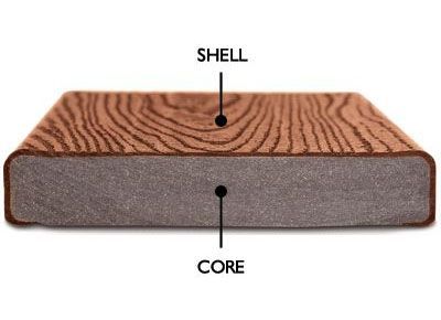 Cross-section of composite decking. Brown shell with wood grain texture over a gray core.