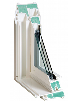 Cross-section of a white double-pane window frame, showing three panes of glass and insulation within the frame.