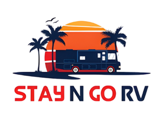 Logo: RV at sunset with palm trees. Text reads 