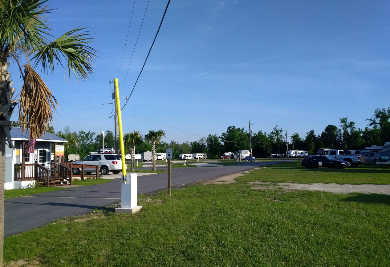 Campground with a small shop, paved road, parked RVs, palm trees, and green grass under a blue sky.