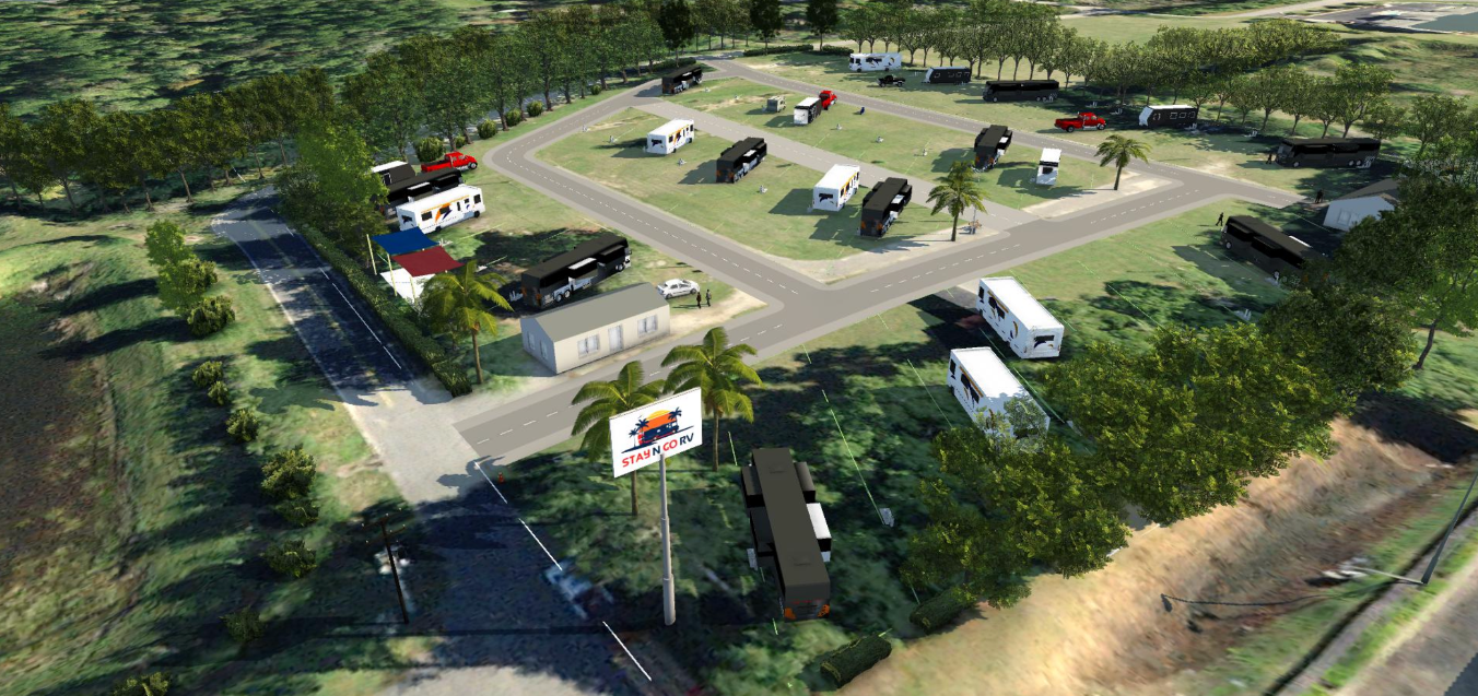 An aerial view of an RV park with several RVs parked on grassy lots, and a sign in the foreground.