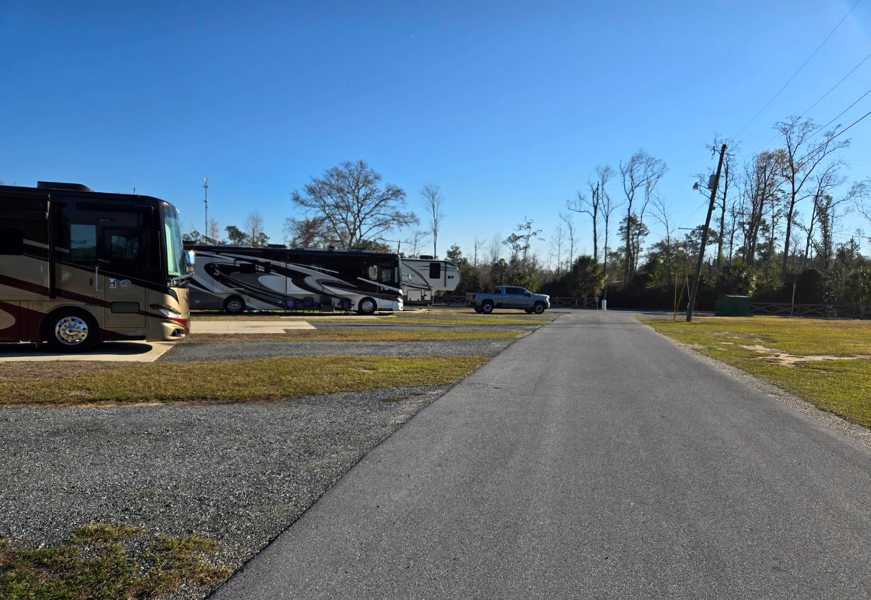 RV campsite with motorhomes parked on gravel pads, asphalt road, and a clear blue sky.