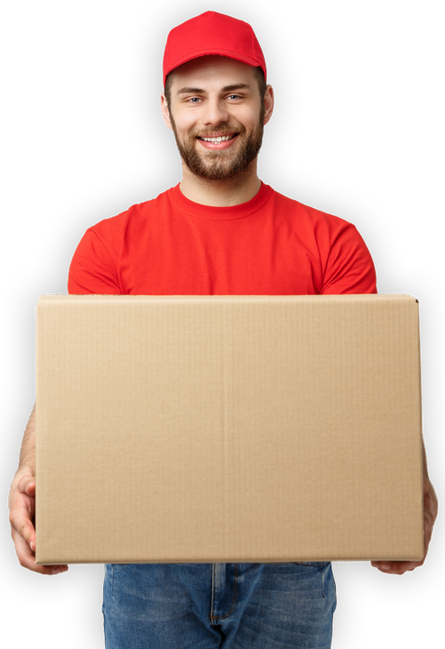 A Man in a Red Shirt and Hat is Holding a Cardboard Box