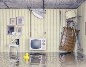 Flooded room with a tipped TV, fallen furniture, and a rubber duck floating in water