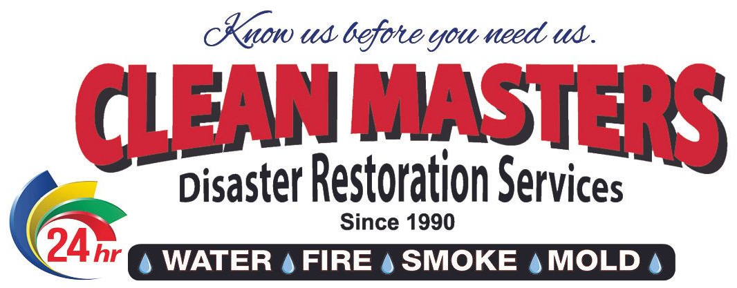 Clean Masters Disaster Restoration Services logo with water, fire, smoke, and mold icons