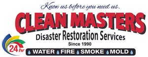 Clean Masters Disaster Restoration logo with 24-hour service badge and text: water, fire, smoke, mold.