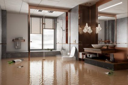 Flooded modern living room with muddy water covering the floor and furniture reflected in the water.