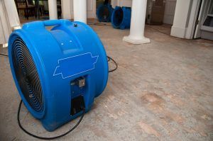Blue floor blower fan on a concrete patio near white columns and a doorway.