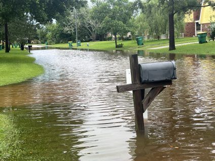 Flooded residential street with a mailbox standing in standing water, trees and lawns in the background