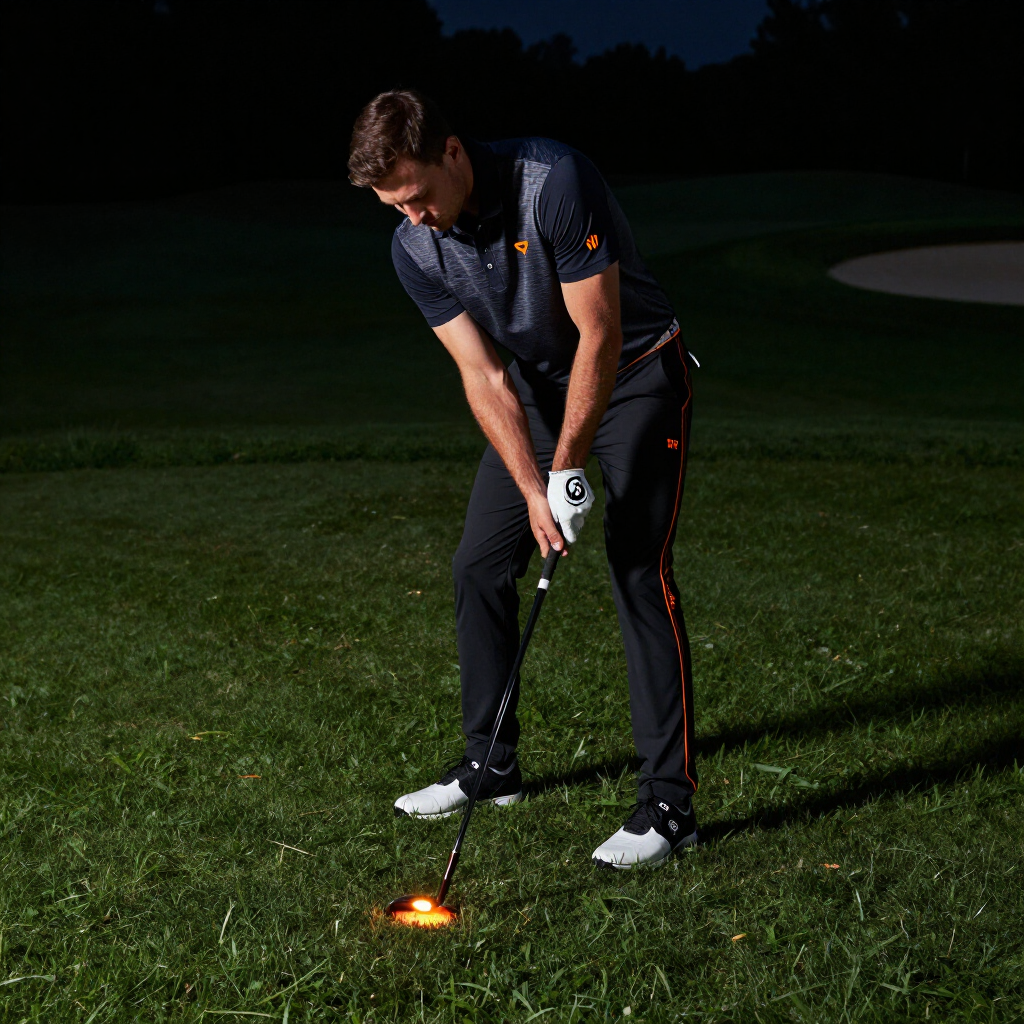 A person in dark golf attire addresses a glowing ball on a grassy course at night.