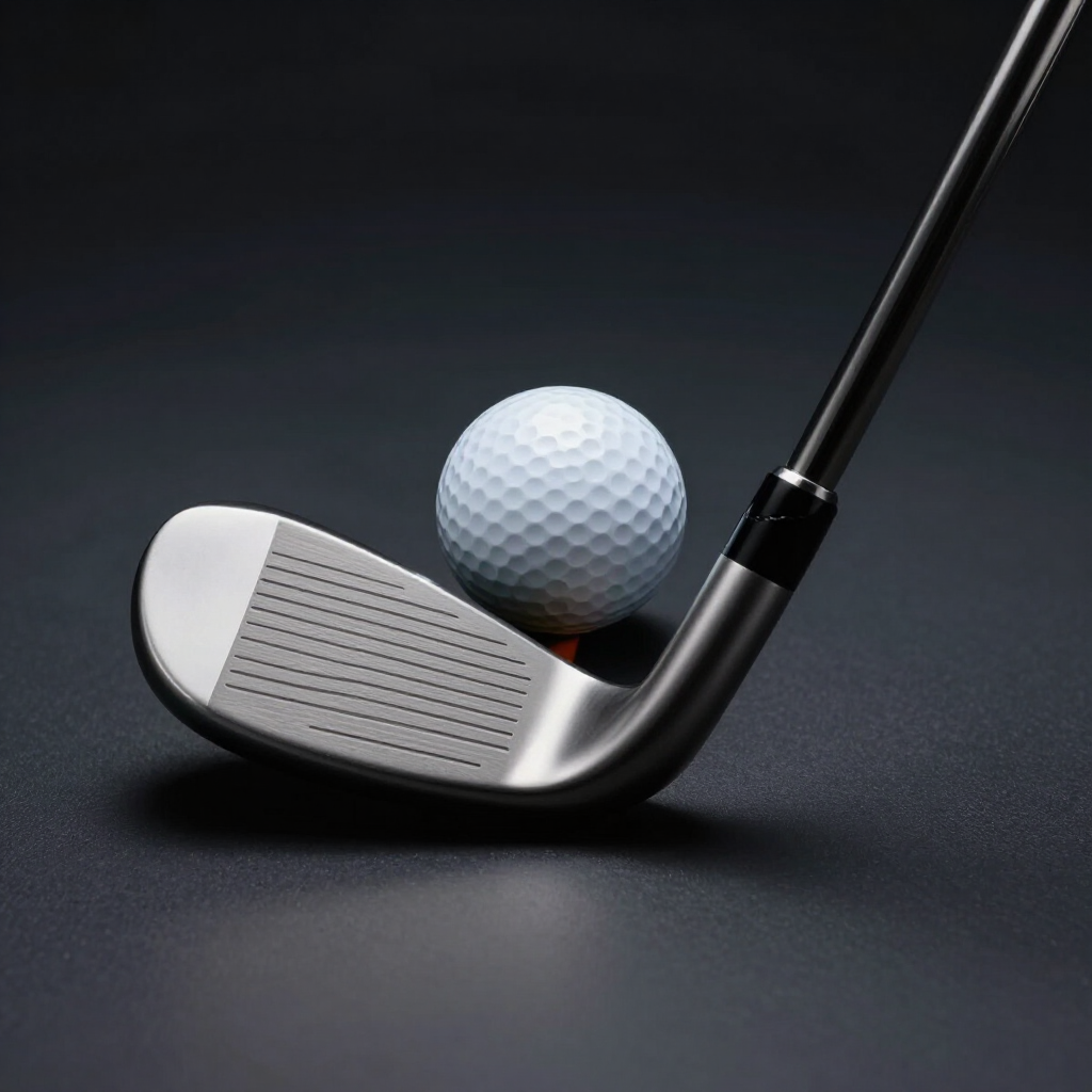 A white golf ball sits on a red tee next to a metal golf club head against a dark, minimalist background.