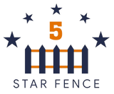 a logo for a company called 5 star fence with a fence and stars .