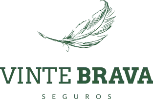 Logotipo da seguradora Vinte Brava Seguros: pena verde acima do nome da empresa em verde-escuro. Abaixo, a palavra 