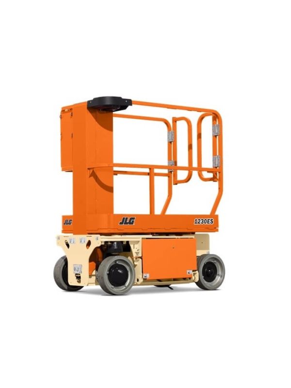 Orange JLG scissor lift with guardrails and black wheels, shown in side view on a white background