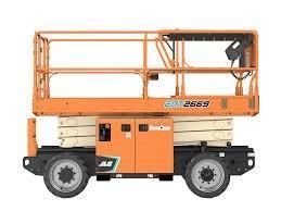 Orange and white scissor lift with railings, shown in side view on wheels