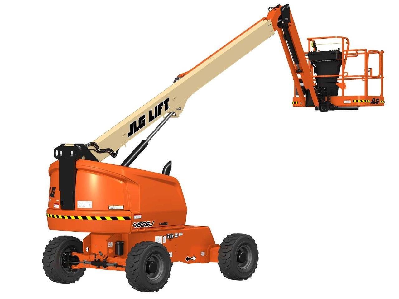Orange and beige articulated boom lift with raised platform, side view on white background