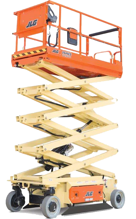 Orange scissor lift raised to full height with yellow articulated platform and black wheels