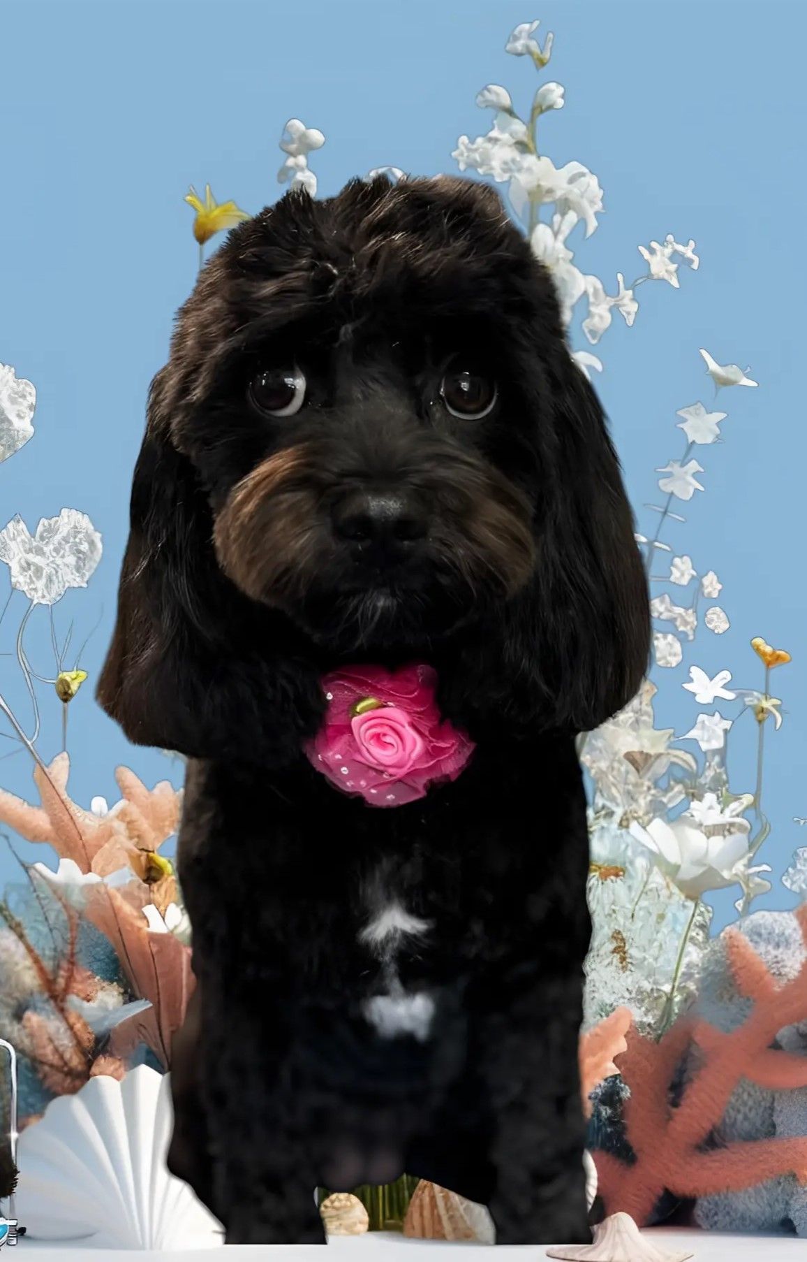 A Small Black Dog With a Pink Flower in Its Mouth — Perfect Pets Kingaroy Professional Dog Grooming in Kingaroy, QLD