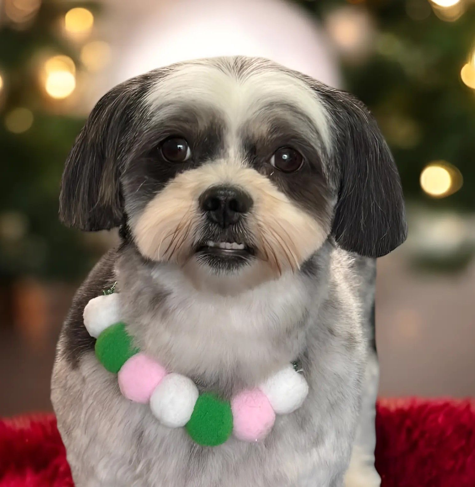 A Small Dog Wearing a Necklace of Pom Poms — Perfect Pets Kingaroy Professional Dog Grooming in Kingaroy, QLD