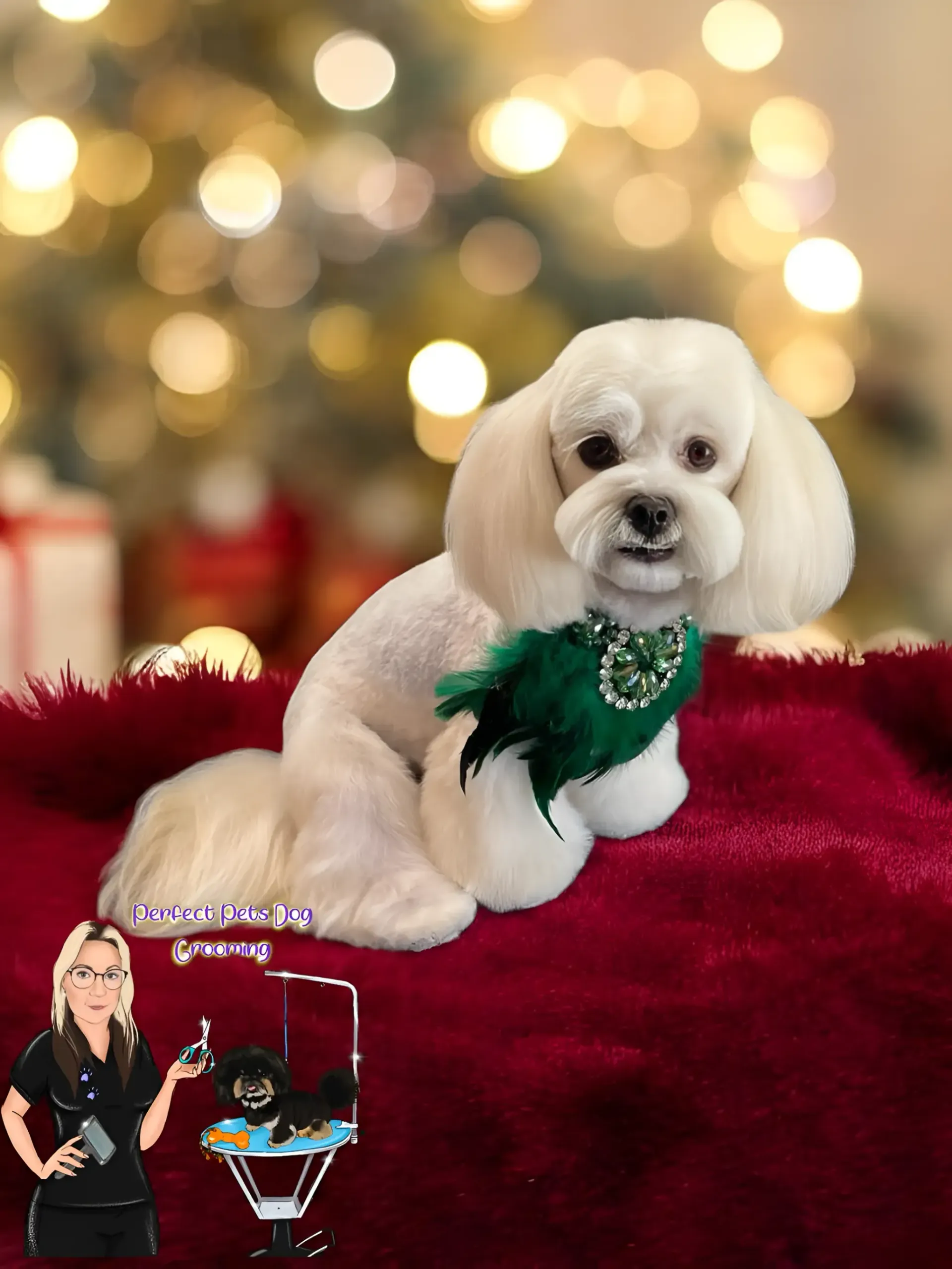 A Small White Dog Wearing a Green Scarf — Perfect Pets Kingaroy Professional Dog Grooming in Kingaroy, QLD