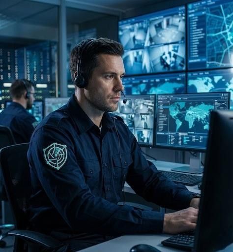 Oficial de seguridad en una estación de trabajo informática, monitoreando pantallas en un centro de vigilancia.