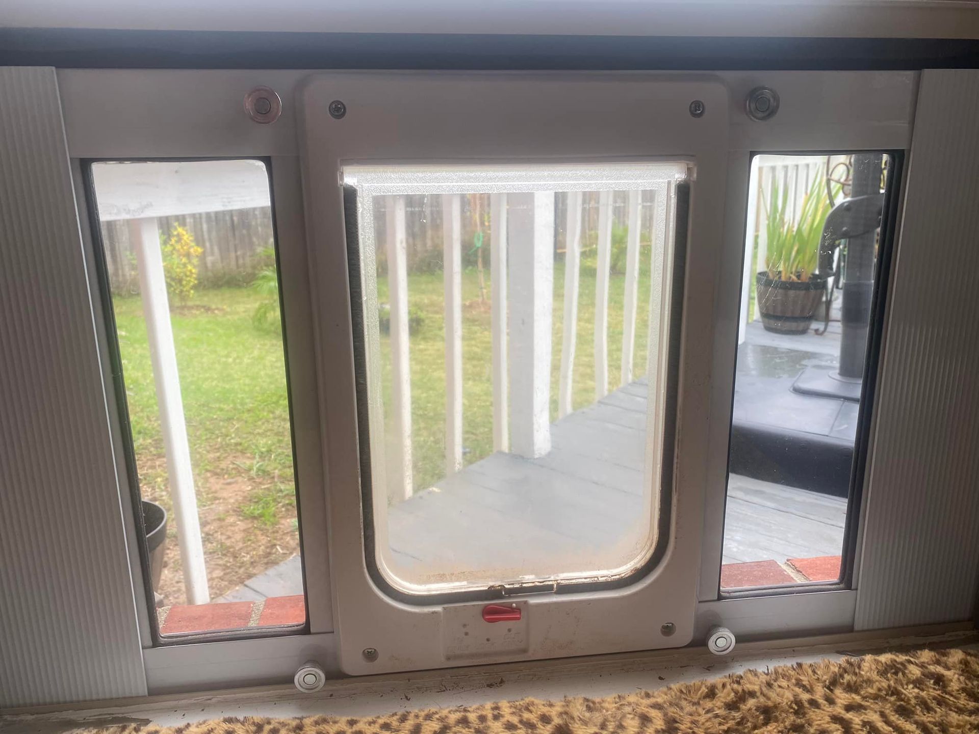 White pet door built into a door with a view of a porch and yard.