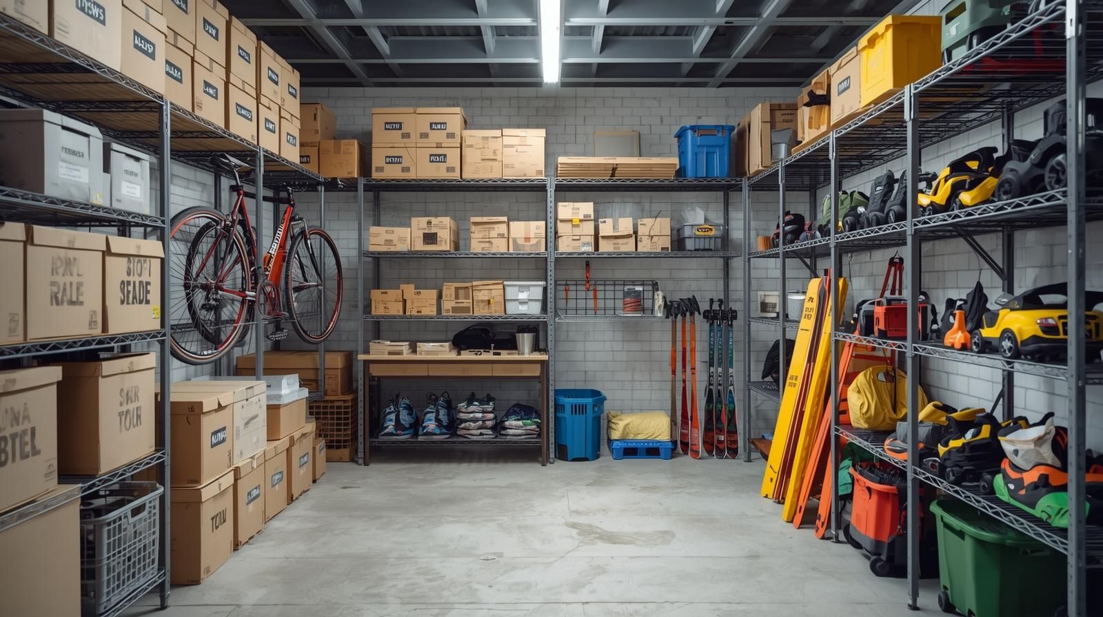 Organized storage unit with shelves holding boxes, sports gear, bicycles, and outdoor equipment.