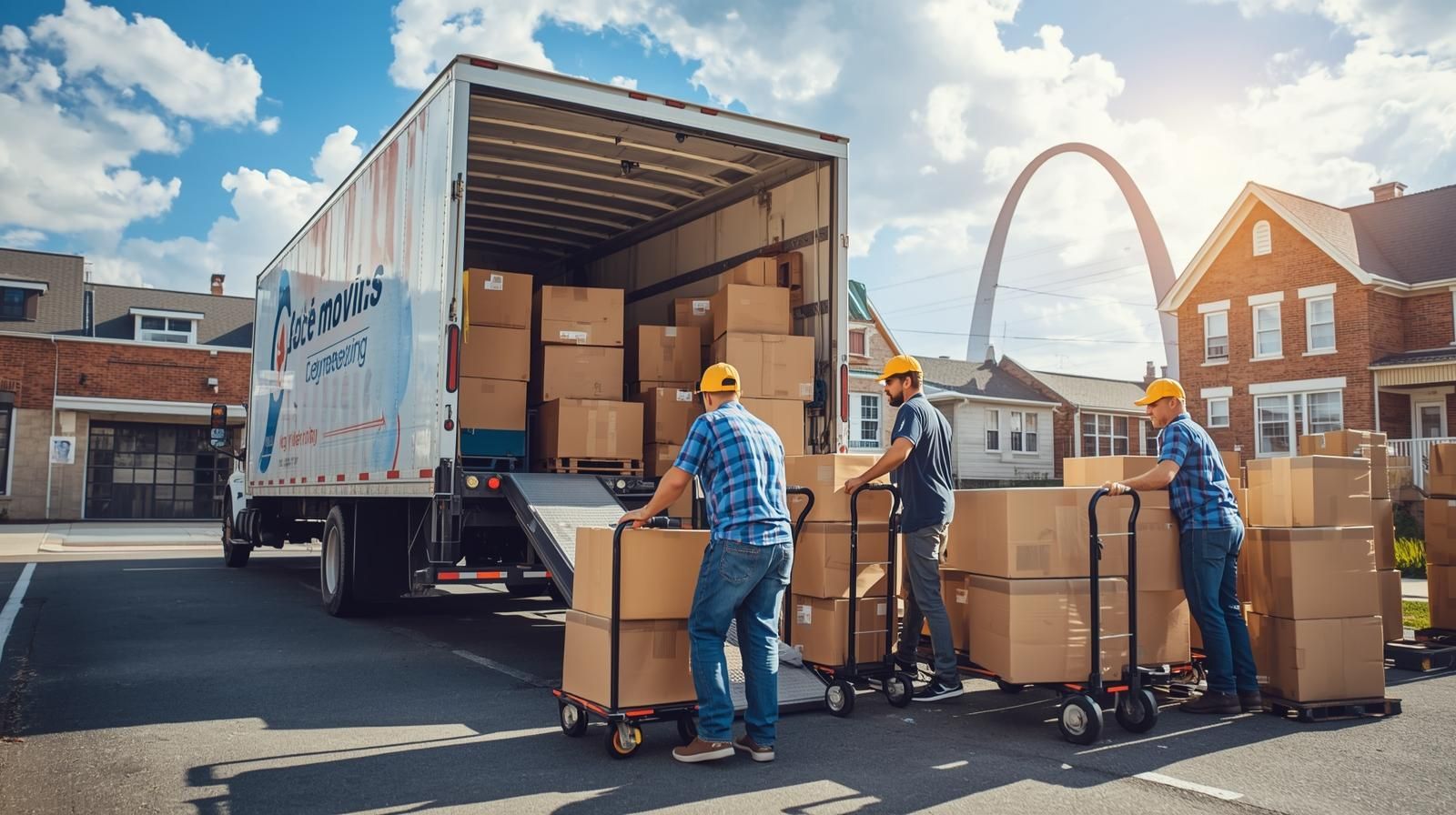 Movers loading boxes into a truck in St. Louis with the Gateway Arch behind them.