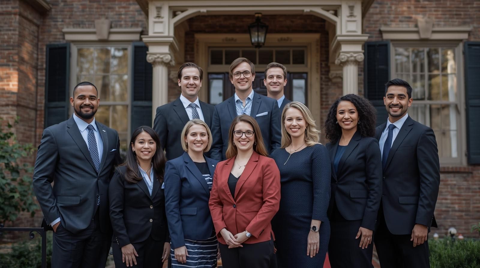 A group of real estate agents standing in front of a house.