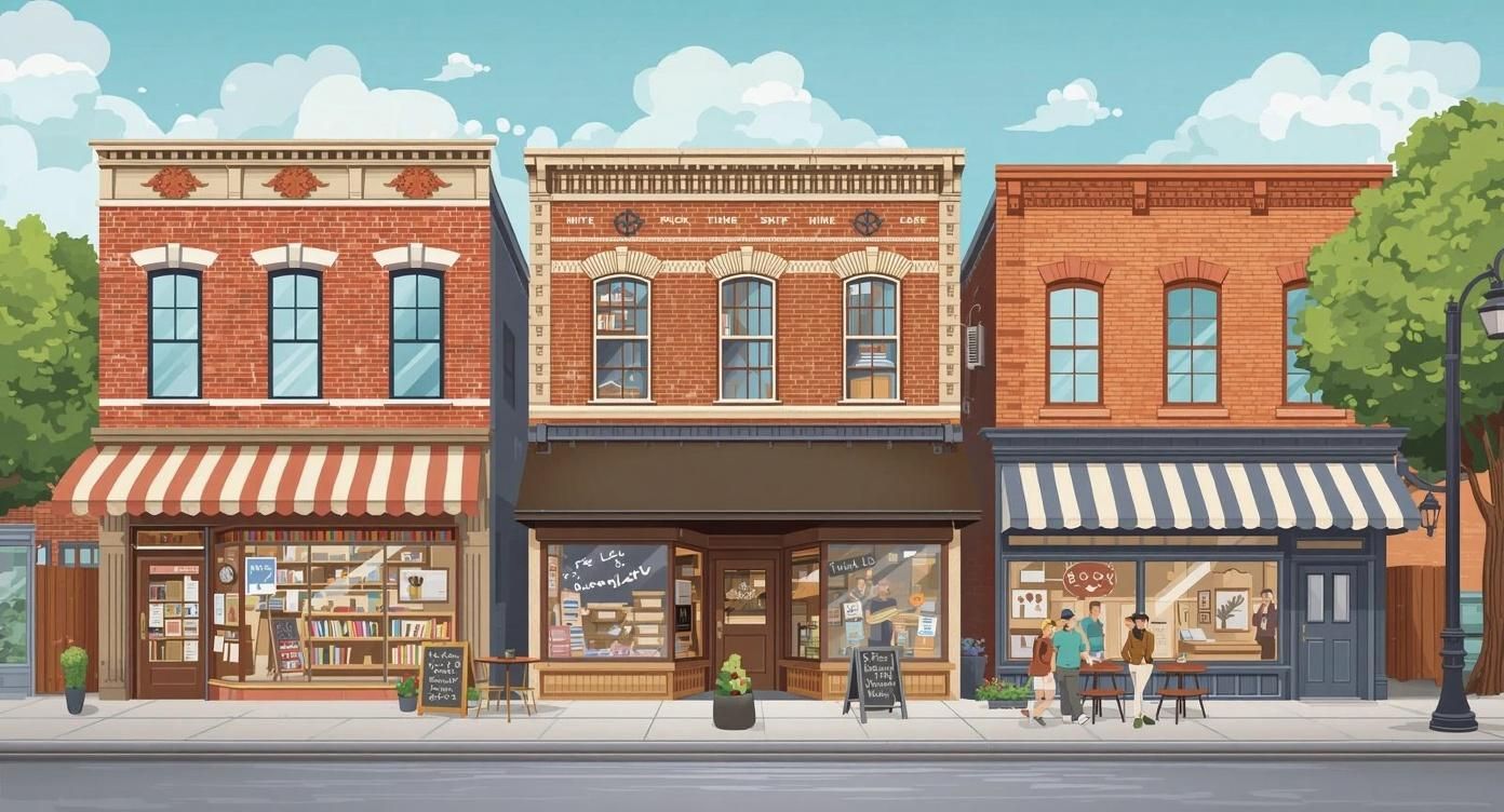 Small businesses storefronts along a walkable downtown street.