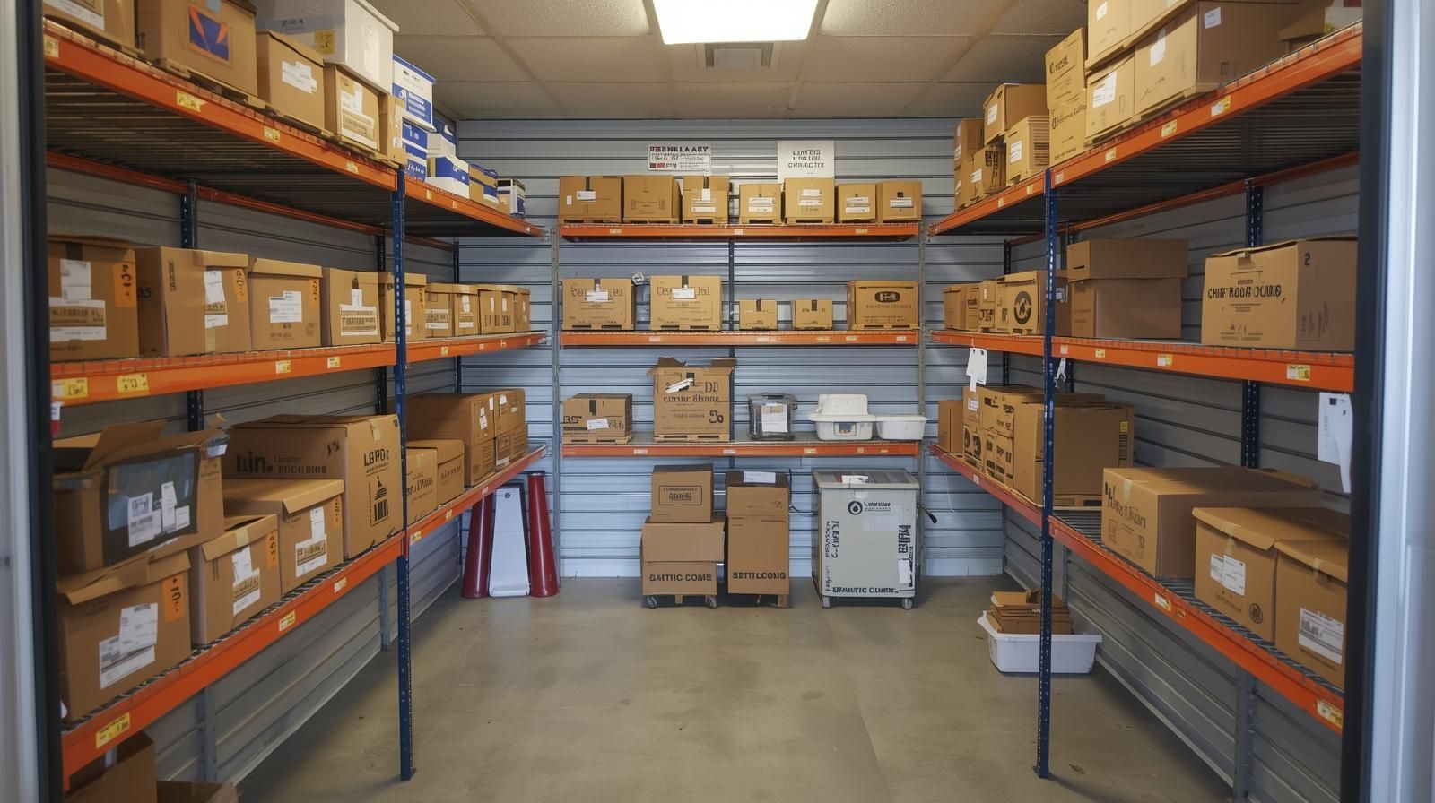 Organized small business storage unit with shelves and labeled inventory boxes
