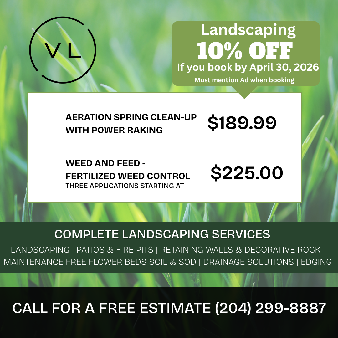 Landscaping services ad: Aeration and weed control, 10% off if booked by April 30, 2026. Includes phone number.