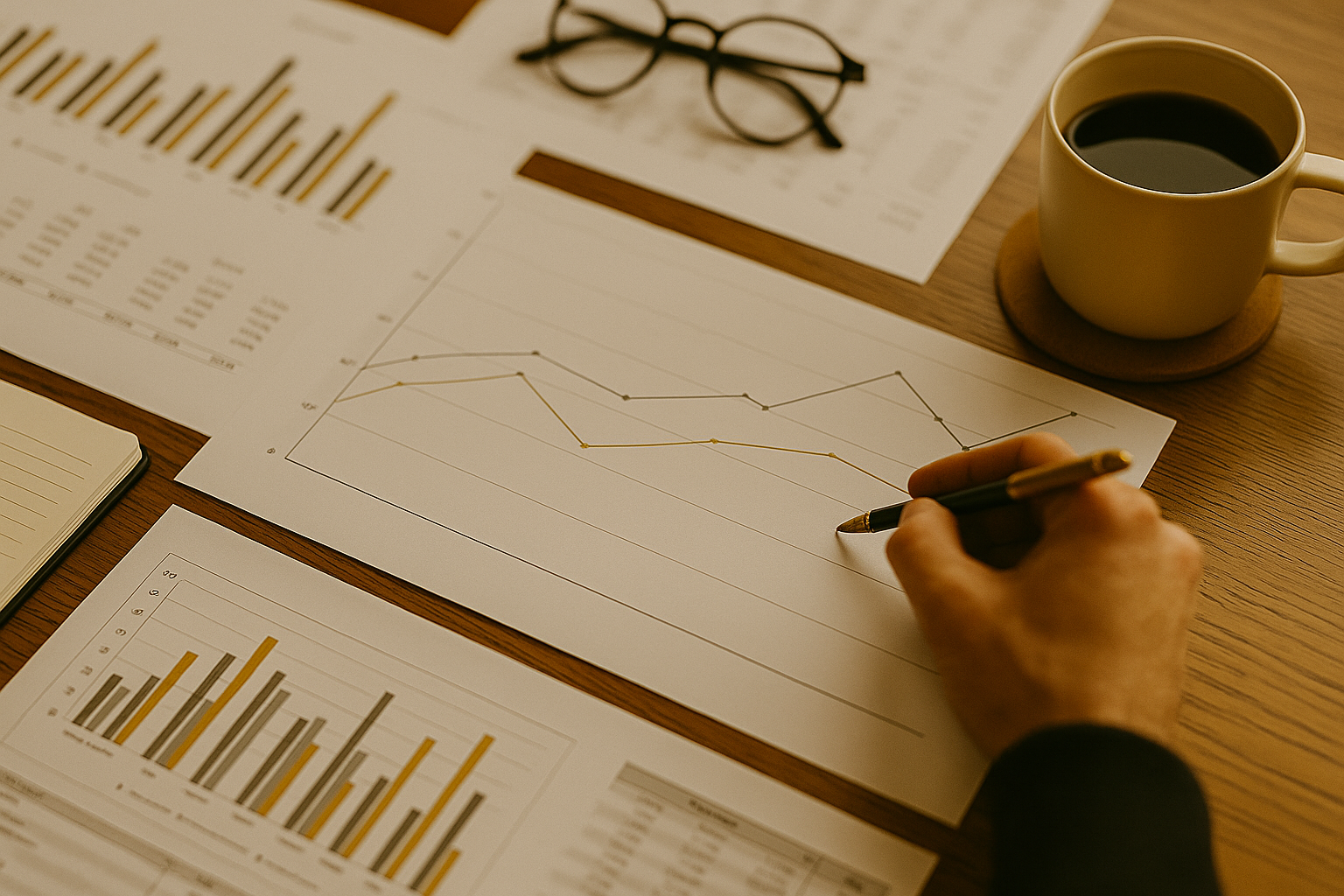 Person's hand drawing on a graph, surrounded by charts and a coffee cup.