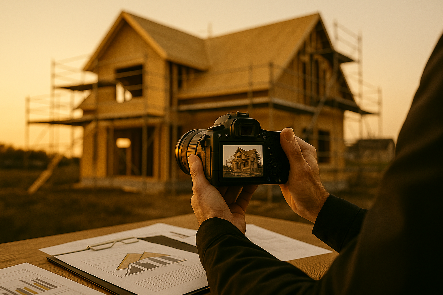 Person photographing a partially constructed house with a camera at sunset, blueprints on table.