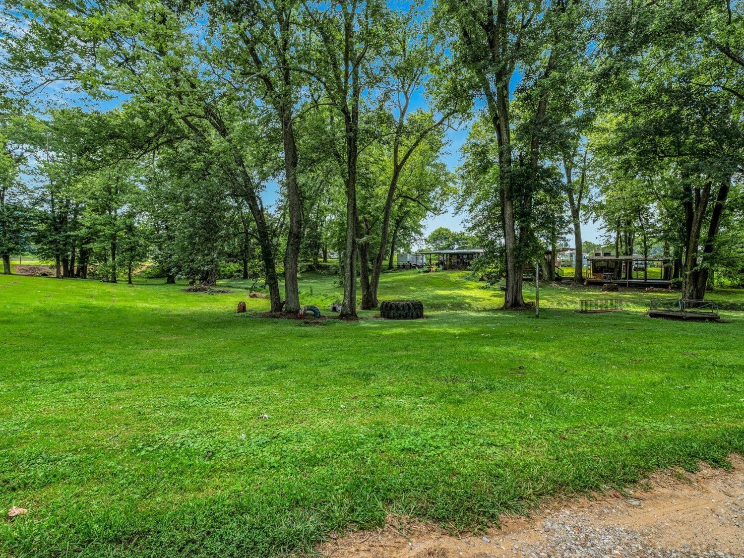 Grassy park with tall trees, a dirt path, and a picnic table under a clear blue sky
