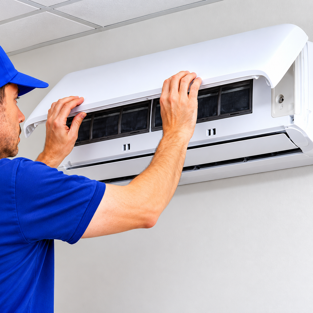 Technician cleaning a wall-mounted air conditioner filter with hands