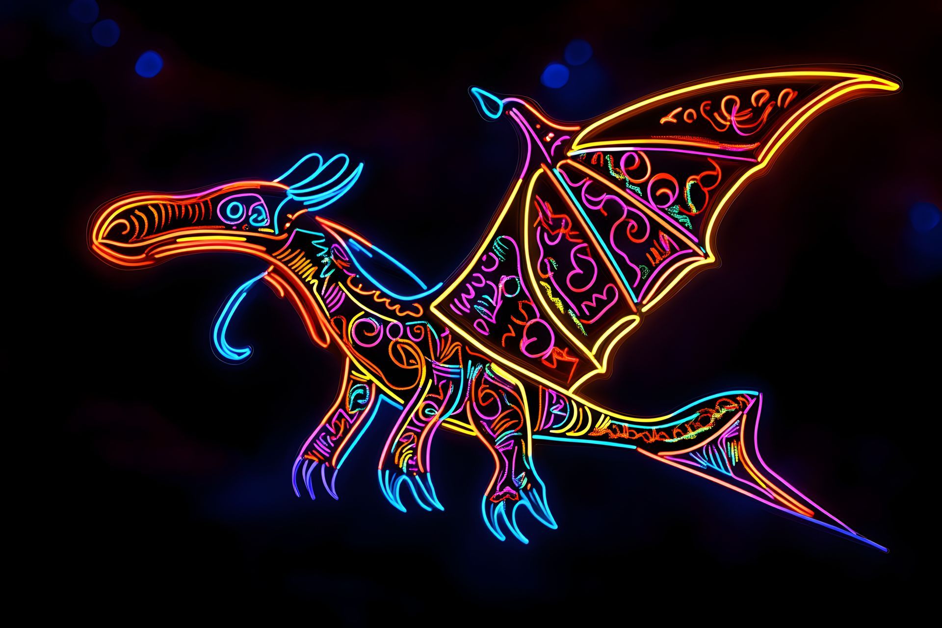 A neon dragon is flying in the night sky.