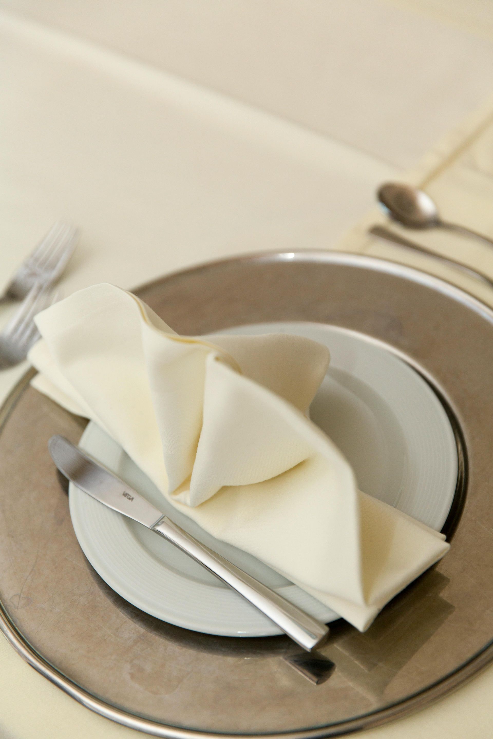 A silver plate with a napkin and silverware on it