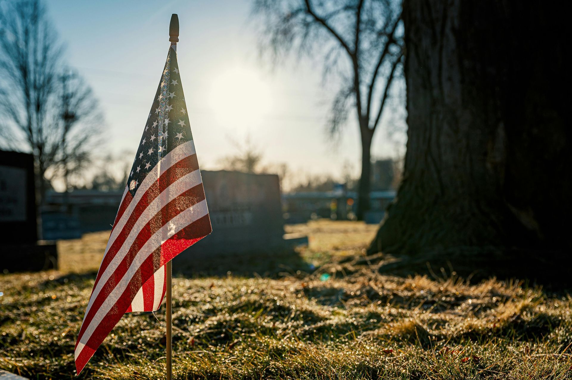 A small american flag is sitting in the grass in a cemetery.