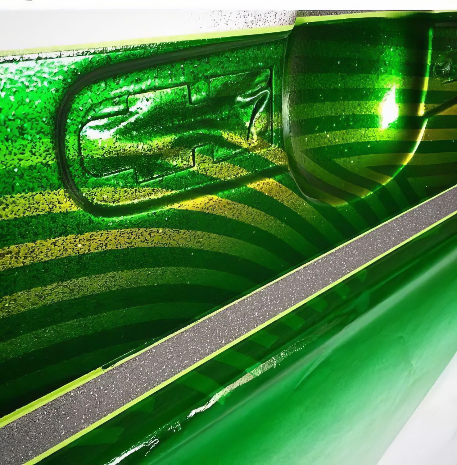 Close-up of a glossy green surfboard with a crocodile logo and silver rail accent