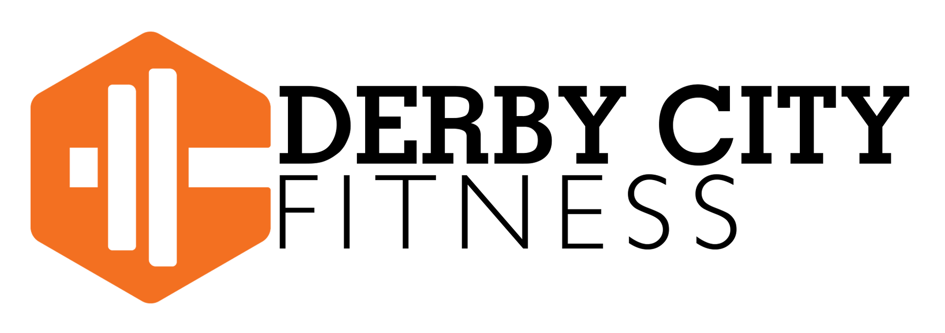 Orange hexagon logo with barbell icon, “DERBY CITY FITNESS” text.