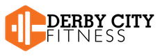 Orange hexagon logo with barbell icon, “DERBY CITY FITNESS” text.