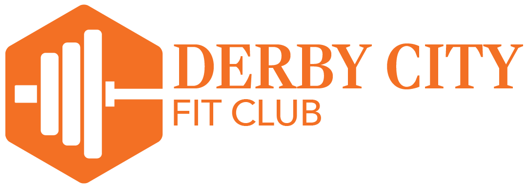 logo for Louisville gym Derby City Fit Club. Orange hexagon logo with barbell icon, &ldquo;DERBY CITY FITNESS&rdquo; text.