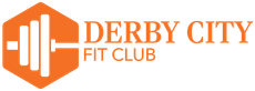 logo for Louisville gym Derby City Fit Club. Orange hexagon logo with barbell icon, “DERBY CITY FITNESS” text.