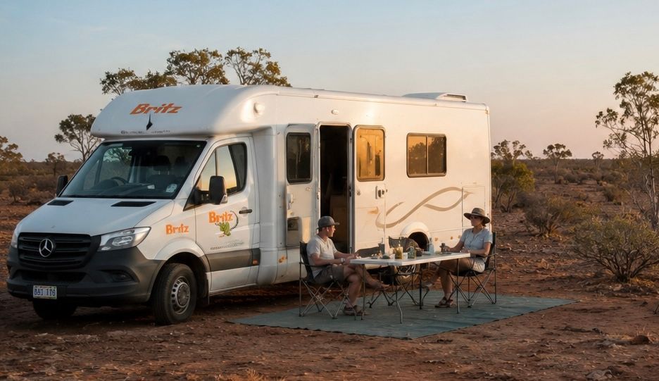 White camper van parked in a desert, with people relaxing outside at a small table and chairs.