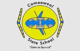 Camooweal State School logo with yellow oval, blue emblem, and the motto “Strive to Succeed”