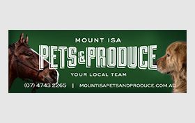 Mount Isa Pets & Produce banner with horse and dog on green background, phone and website details