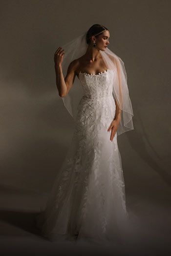 Woman in a white strapless lace wedding dress, veil, lit by soft studio light, looking away.