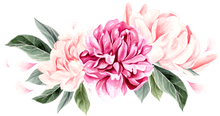 Watercolor painting of pink and light pink peonies with green leaves.